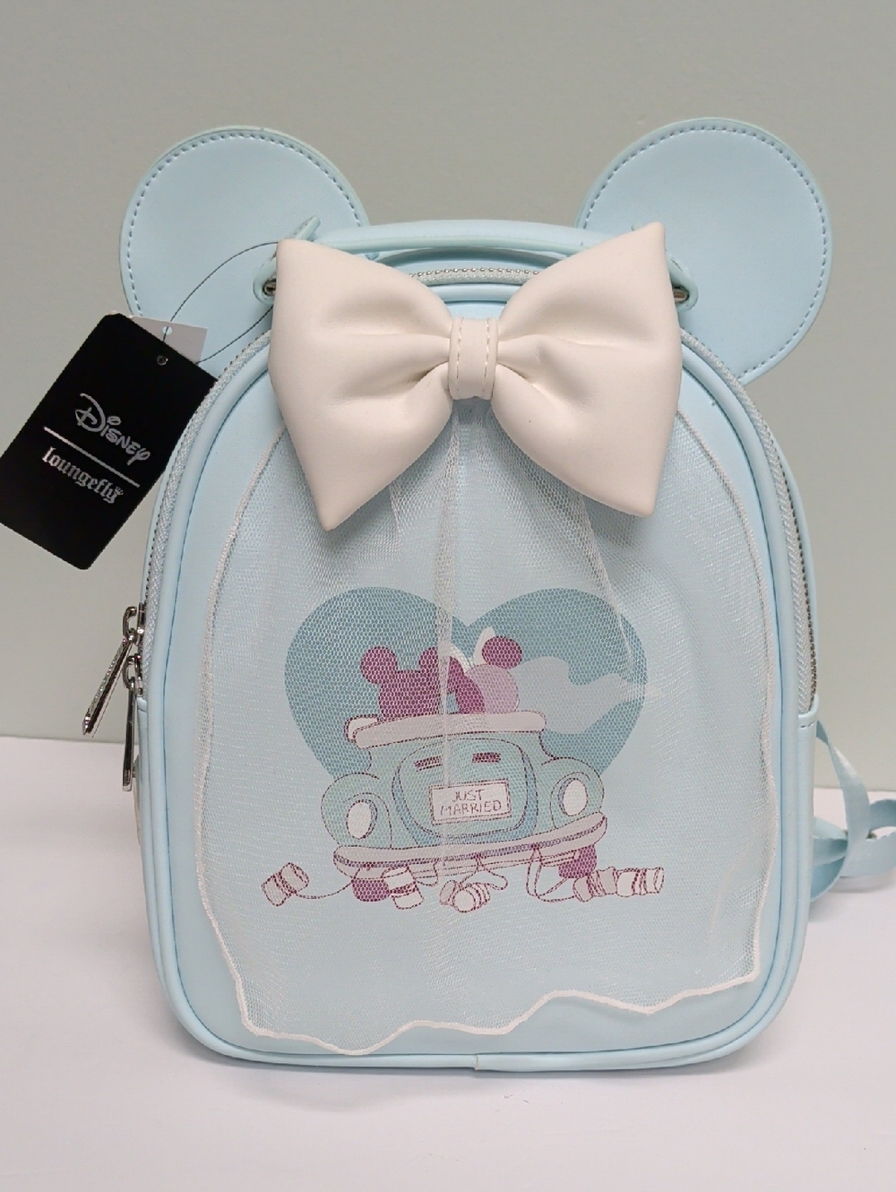 Loungefly Wedding Just Married Minnie Mouse Bow Ear Backpack & Matching Wallet